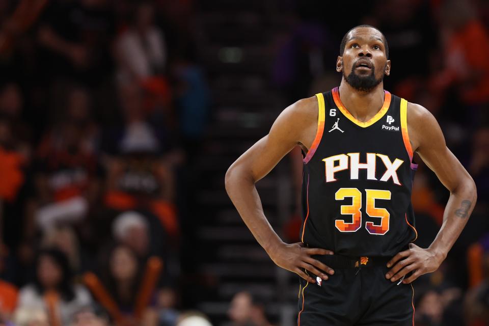 Kevin Durant #35 of the Phoenix Suns reacts during the fourth quarter against the Denver Nuggets in game six of the Western Conference Semifinal Playoffs at Footprint Center on May 11, 2023, in Phoenix.