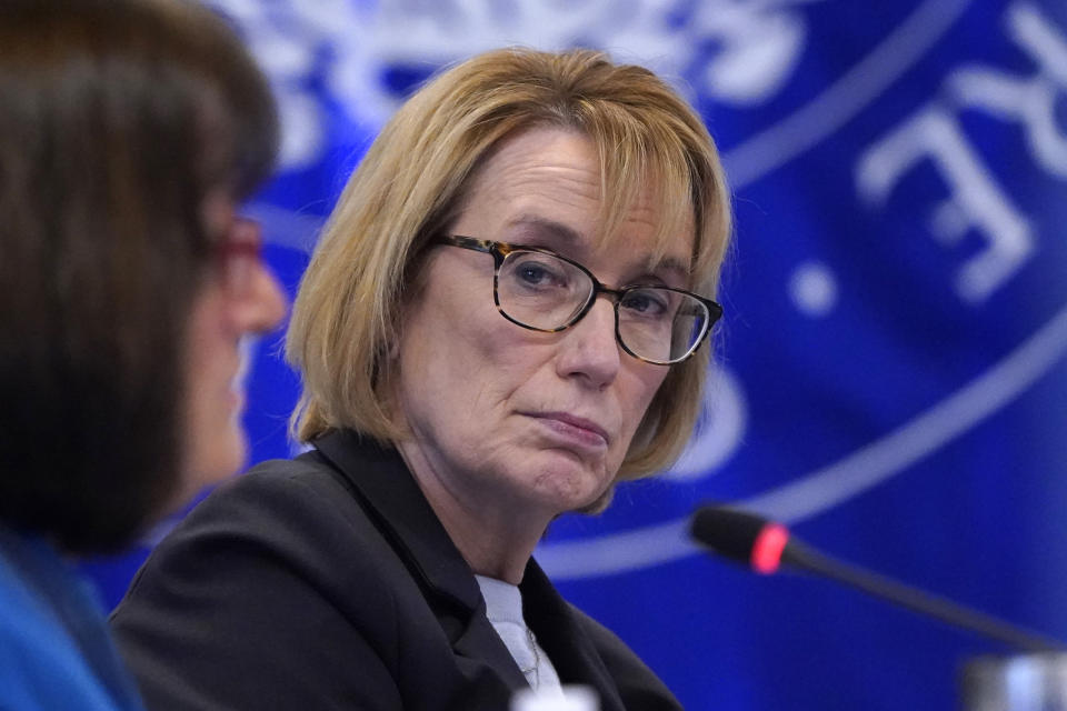 FILE - Sen. Maggie Hassan, D-N.H., listens during a hearing March 14, 2022, in Manchester, N.H. Hassan is asking voters to send her back to Washington, where she has served for almost six years. She's expected to face a challenging general election, even as Republicans struggle to rally behind a top-tier challenger. (AP Photo/Charles Krupa, File)