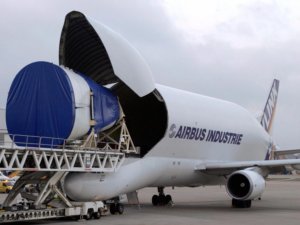 A BelugaST loading an A380 tailcone.