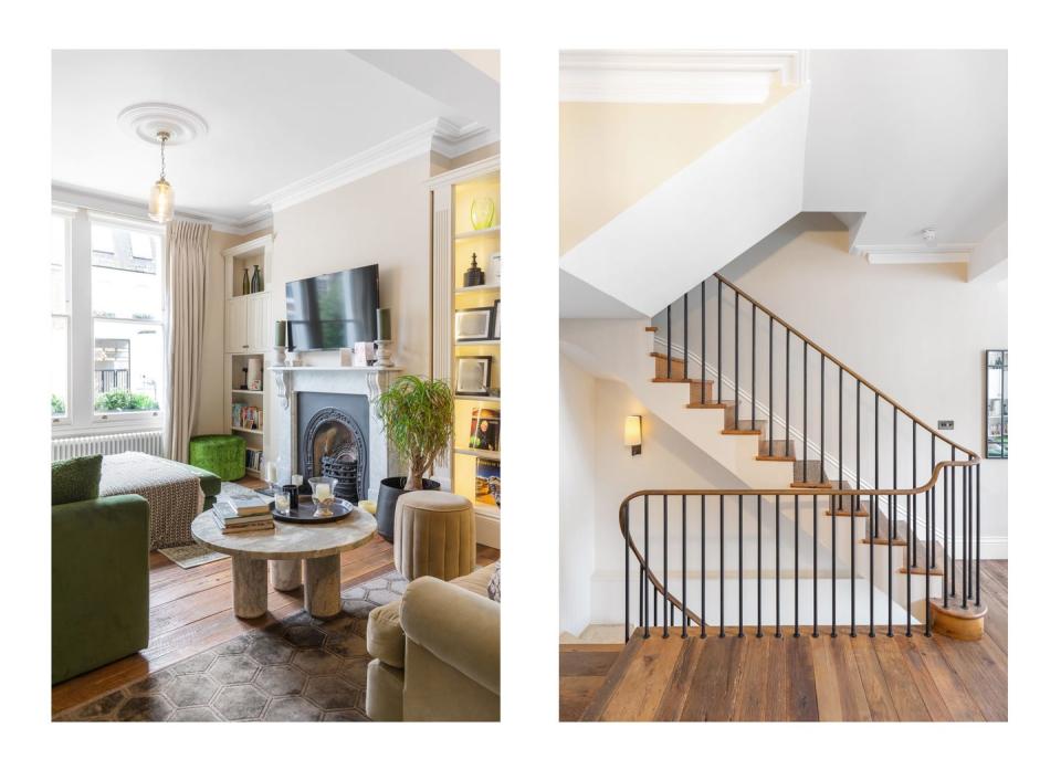 on the left features the property's sitting room including a statement fireplace on the right features the property's spiral staircase