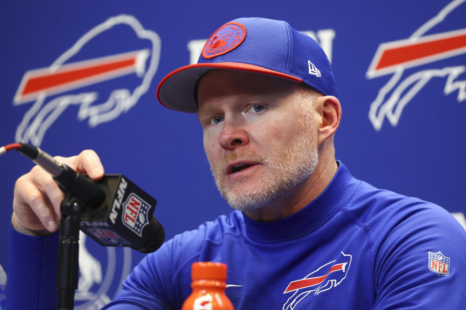 Buffalo Bills head coach Sean McDermott answers questions during a news conference after an NFL football game against the Dallas Cowboys, Sunday, Dec. 17, 2023, in Orchard Park, N.Y. (AP Photo/Jeffrey T. Barnes)