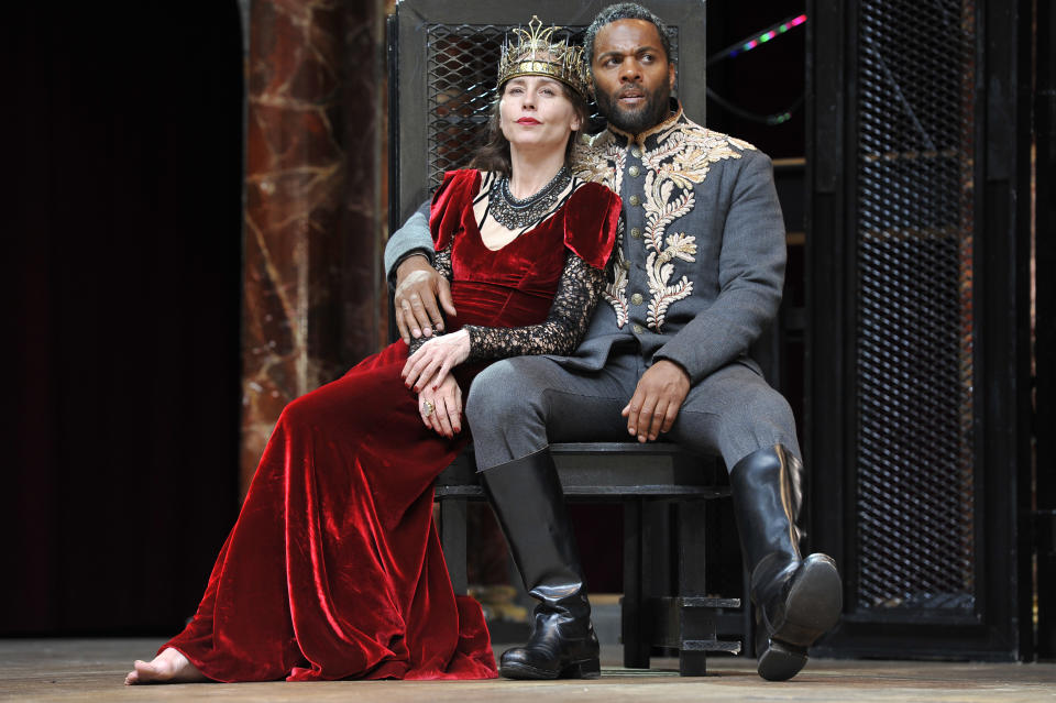 LONDON, ENGLAND - JUNE 22: Ray Fearon as Macbeth and Tara Fitzgerald as Lady Macbeth in William Shakespeare's Macbeth directed by Iqban Khan at The Globe Theatre on June 22, 2016 in London, England. (Photo by Robbie Jack/Corbis via Getty Images)