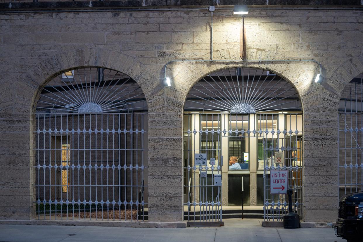 A correctional officer monitors an entrance to the Waupun Correctional Institution on Sept. 19 in Waupun.