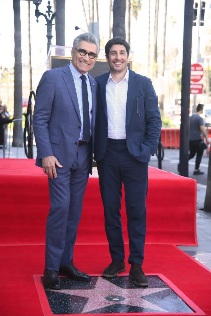 HOLLYWOOD, CALIFORNIA – MARCH 08: (L-R) Eugene Levy and Jason Biggs attend the ceremony honoring Eugene Levy with a Star on the Hollywood Walk of Fame on March 08, 2024 in Hollywood, California. (Photo by Alberto E. Rodriguez/Getty Images)