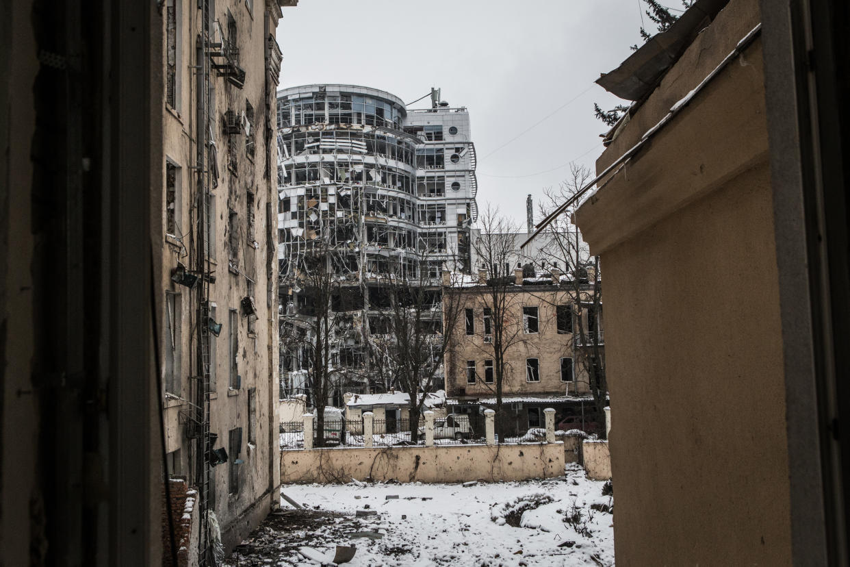 KHARKIV, UKRAINE - MARCH 09: Kharkiv Governor's Palace, seat of the Regional Government bombed on first of March in the center of Kharkiv, Ukraine on March 09, 2022 as Russian attacks continue.âââââââ (Photo by Andrea Carrubba/Anadolu Agency via Getty Images)