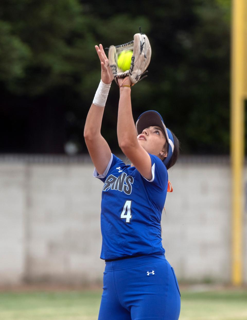 Bear Creek's Gianna Galli catches a pop fly during a varsity softball game against Stagg at Bear Creek in Stockton on Wednesday, May 3, 2023.  Bear Creek won 14-4.