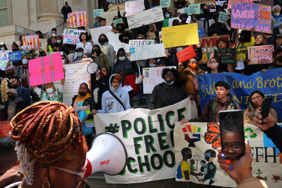 Protesters call for police-free schools during an April 20, 2022, rally in New York City. (Michael M. Santiago/Getty Images)