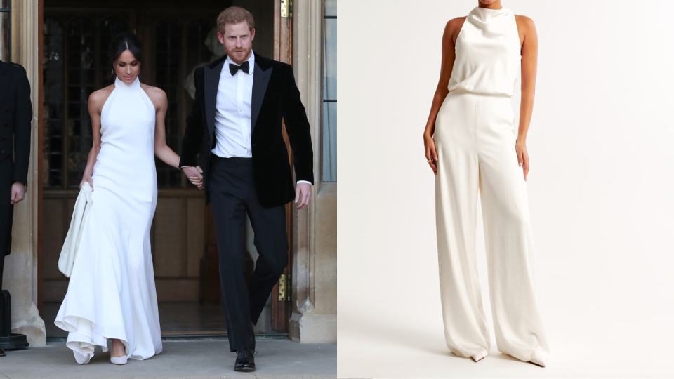 The Duke and Duchess of Sussex leave Windsor Castle after their wedding to attend an evening reception at Frogmore House and Abercrombie's High-Neck Draped Jumpsuit (Photos via Getty & Abercrombie).
