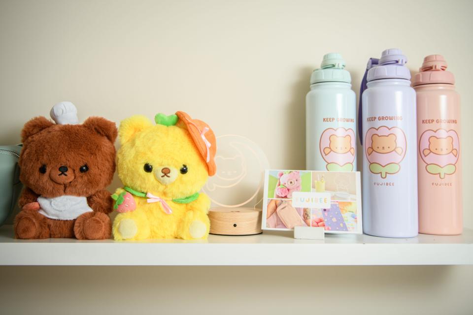 Some of the items Marta Mickelsen sells at her online shop, Fujibee. She sells plushies, apparel and home goods based on a fictional character, Lemon Bear.