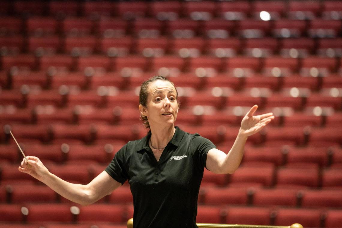 Melisse Brunet, the first female conductor in the 61 year history of the the Lexington Philharmonic, held rehearsal Wednesday at the Singletary Center.