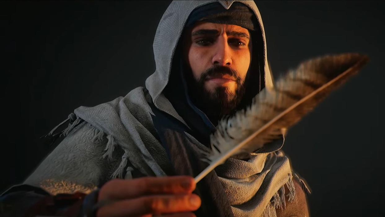  Basim with a feather in his hand in Assassin's Creed Mirage. 