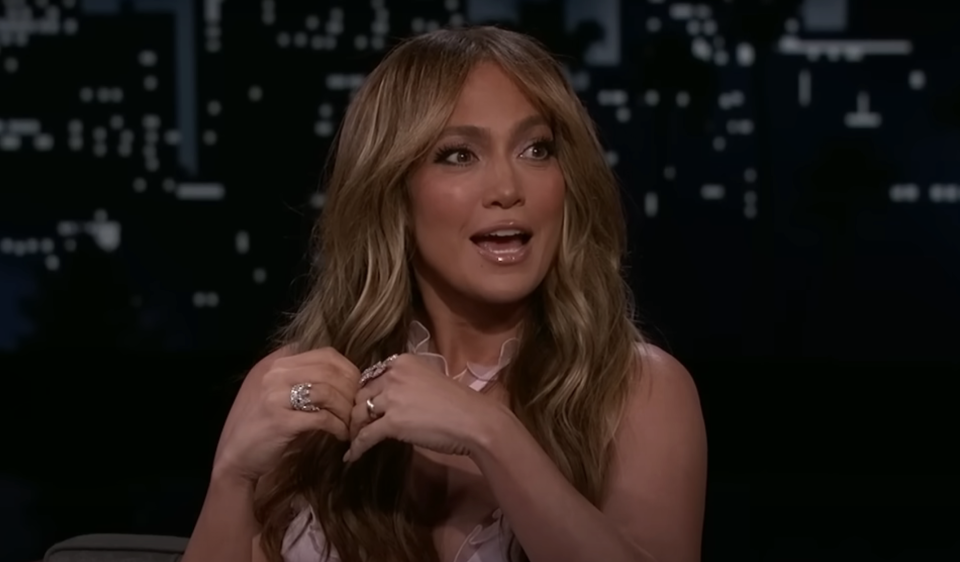 Jennifer Lopez being interviewed on "Jimmy Kimmel Live"