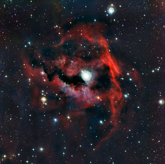 This image from ESO’s La Silla Observatory shows part of a stellar nursery nicknamed the Seagull Nebula. This cloud of gas, known as Sh 2-292, RCW 2 and Gum 1, seems to form the head of the seagull and glows brightly due to the energetic radiat