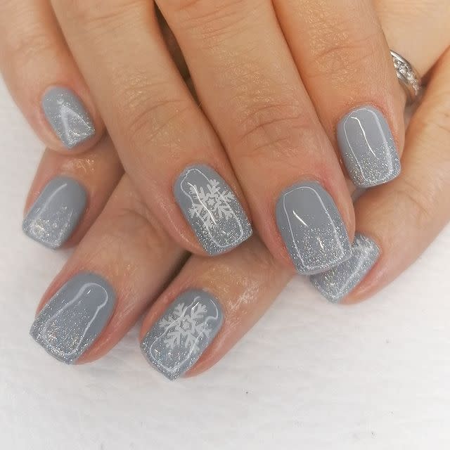 <p>The <a href="https://www.amazon.com/ZOYA-Nail-Polish-Fluid-Ounce/dp/B004IW9IGI/ref=sr_1_2?keywords=light+gray+nail+polish&qid=1575226652&s=beauty&sr=1-2&tag=syn-yahoo-20&ascsubtag=%5Bartid%7C10049.g.30065321%5Bsrc%7Cyahoo-us" rel="nofollow noopener" target="_blank" data-ylk="slk:blue-gray base;elm:context_link;itc:0;sec:content-canvas" class="link ">blue-gray base</a> of these snowflake nails gives the manicure a super neutral, minimalist feel. Keep it clean by painting on your snowflakes with a <a href="https://www.amazon.com/essie-polish-collection-without-stitch/dp/B06WRTW7BJ/?tag=syn-yahoo-20&ascsubtag=%5Bartid%7C10049.g.30065321%5Bsrc%7Cyahoo-us" rel="nofollow noopener" target="_blank" data-ylk="slk:white-gray polish;elm:context_link;itc:0;sec:content-canvas" class="link ">white-gray polish</a>, rather than a bright-white polish (just mix a few dots together on a paper plate to create the faded color). </p><p><a href="https://www.instagram.com/p/B5iac18BFmo/" rel="nofollow noopener" target="_blank" data-ylk="slk:See the original post on Instagram;elm:context_link;itc:0;sec:content-canvas" class="link ">See the original post on Instagram</a></p>