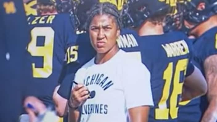 Milan Bolden Morris (center) is reportedly the first female graduate assistant football coach with a Power Five school since the 1980s. (Photo: Screenshot/YouTube.com)