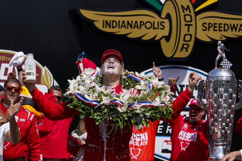 Marcus Ericsson, of Sweden, celebrates after winning the Indianapolis 500.