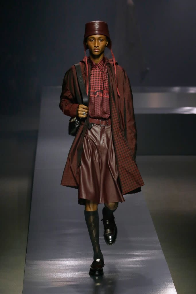 A knee-length leather skirt, knee socks and Mary Janes, a key silhouette at Fendi’s fall ’22 menswear show, which was held Saturday during Milan Men’s Fashion Week. - Credit: Courtesy of Fendi