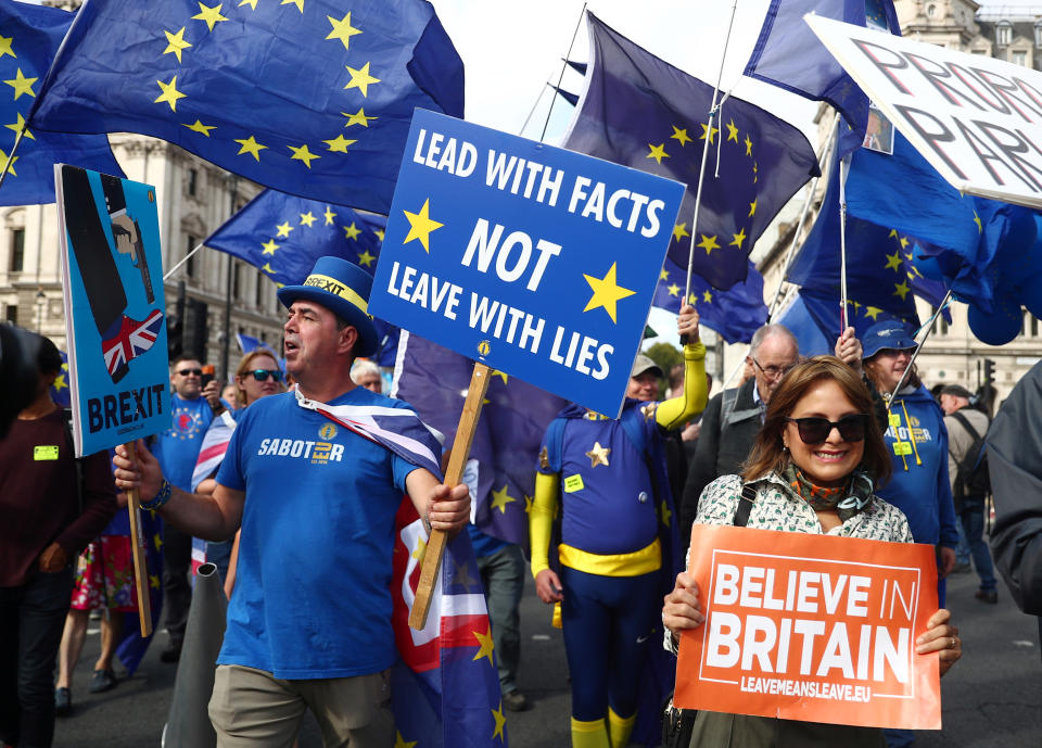 Anti-Brexit protester Steve Bray walks next to a pro-Brexit protester during a demonstration at Westminster, in London, Britain September 3, 2019. REUTERS/Hannah McKay