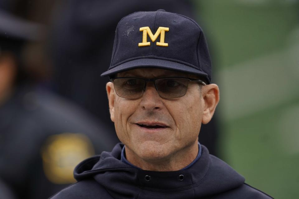 Michigan head coach Jim Harbaugh watches in the first half of an NCAA college football game against Maryland in Ann Arbor, Mich., Saturday, Sept. 24, 2022. (AP Photo/Paul Sancya)