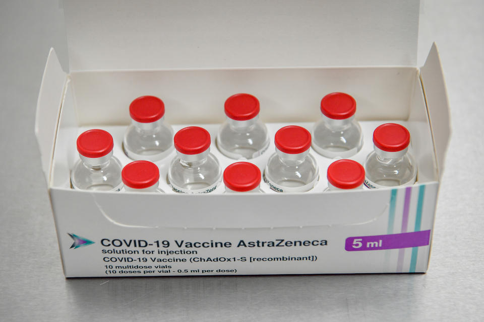 A box containing 10 vials, which can each provide 10 individual doses, of the Oxford University/AstraZeneca COVID-19 vaccine, being used at the Pontcae Medical Practice in Merthyr Tydfil as the NHS ramps up its vaccination programme with 530,000 doses of the newly approved jab available for rollout across the UK. (Photo by Ben Birchall/PA Images via Getty Images)