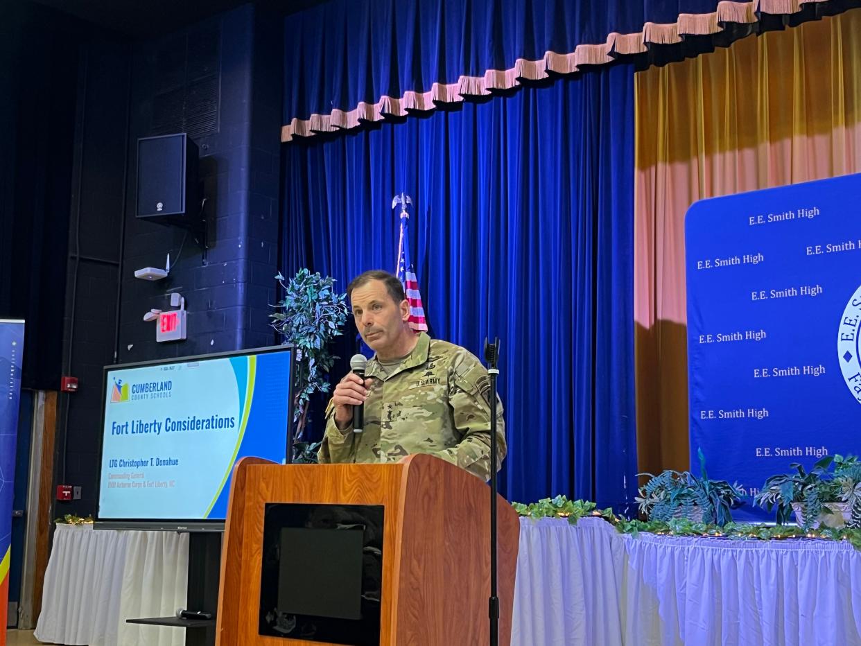 Lt. Gen. Donahue speaks about E.E. Smith High School's potential relocation to Fort Liberty property outside the military installation's gates, April 24, 2024.