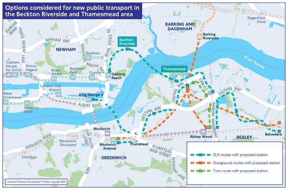 A map showing the various options considered by TfL to connect Thamesmead and Beckton Riverside (TfL. Contains Ordnance Survey data © Crown copyright 2024)