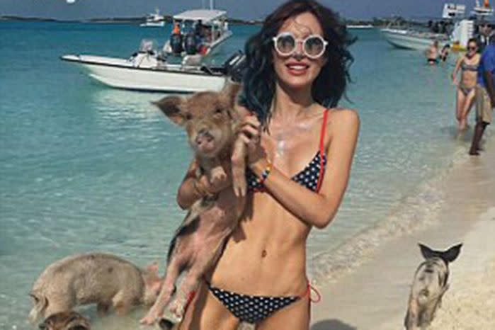Model Bella Thorne, like many before her, posed holding the cute swimming pigs for that much needed Instagram shot. Source: Instagram