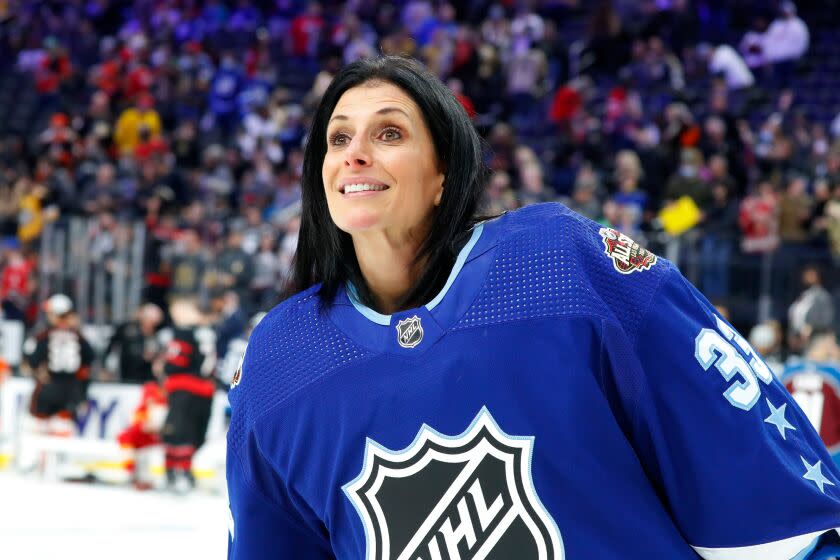 LAS VEGAS, NV - FEBRUARY 04: Manon Rheaume, the first woman to play goalie in an NHL game, looks on during the NHL All-Star Skills Competition Presented by DraftKings Sportsbook as part of the Honda NHL All-Star Weekend on February 4, 2022 at T-Mobile Arena in Las Vegas, Nevada. (Photo by Jeff Speer/Icon Sportswire via Getty Images)