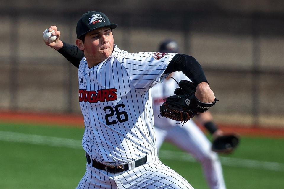 Southern Illinois University Edwardsville's Noah Matheny, a 2020 Galesburg High School grad, delivers a pitch against Western Michigan on Friday, Mar. 4, 2022 at the Simmons Baseball Complex in Edwardsville.