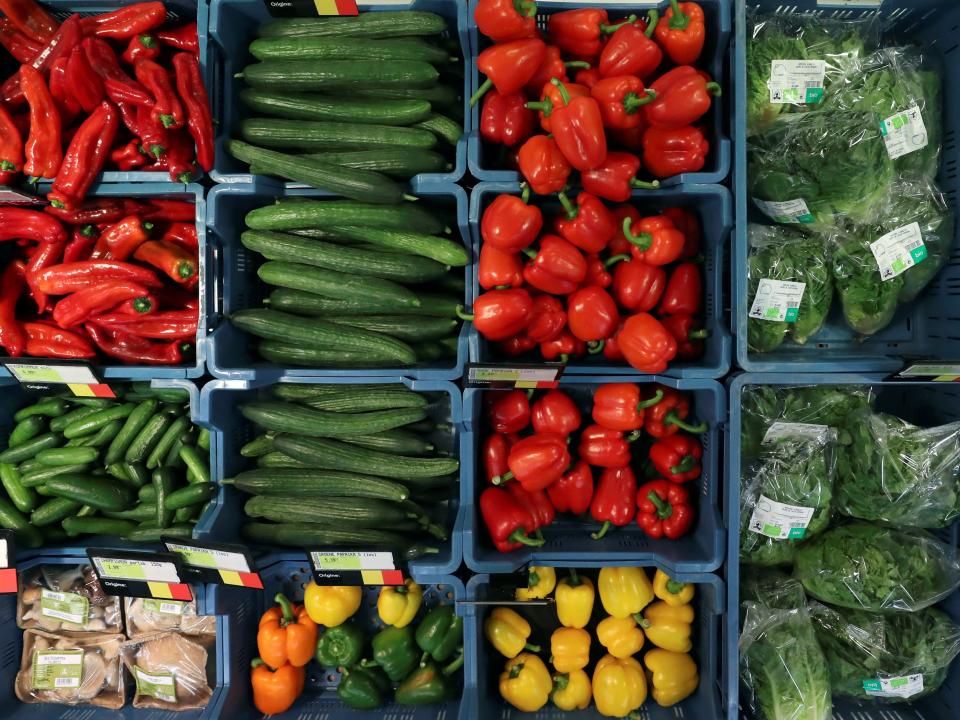 Vegetables are seen in a shop specialising in organic food and natural products in Halle, Belgium May 12, 2020. Picture taken May 12, 2020. REUTERS/Yves Herman