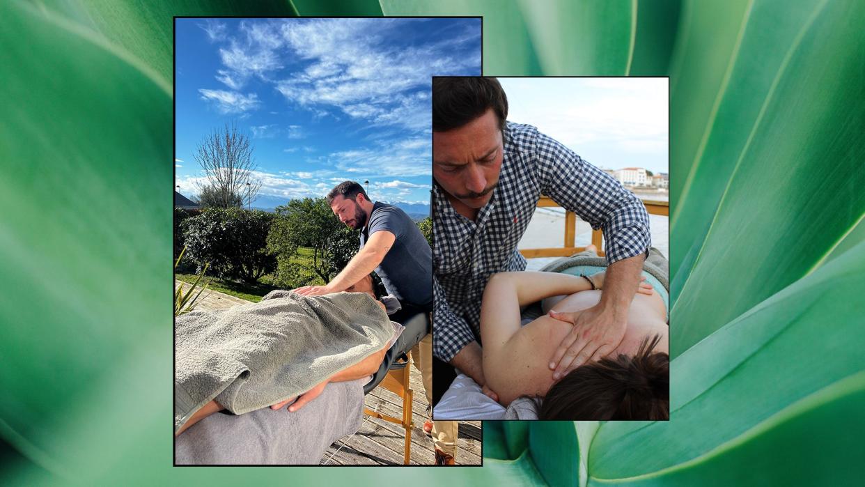 collage of a man giving a woman a massage