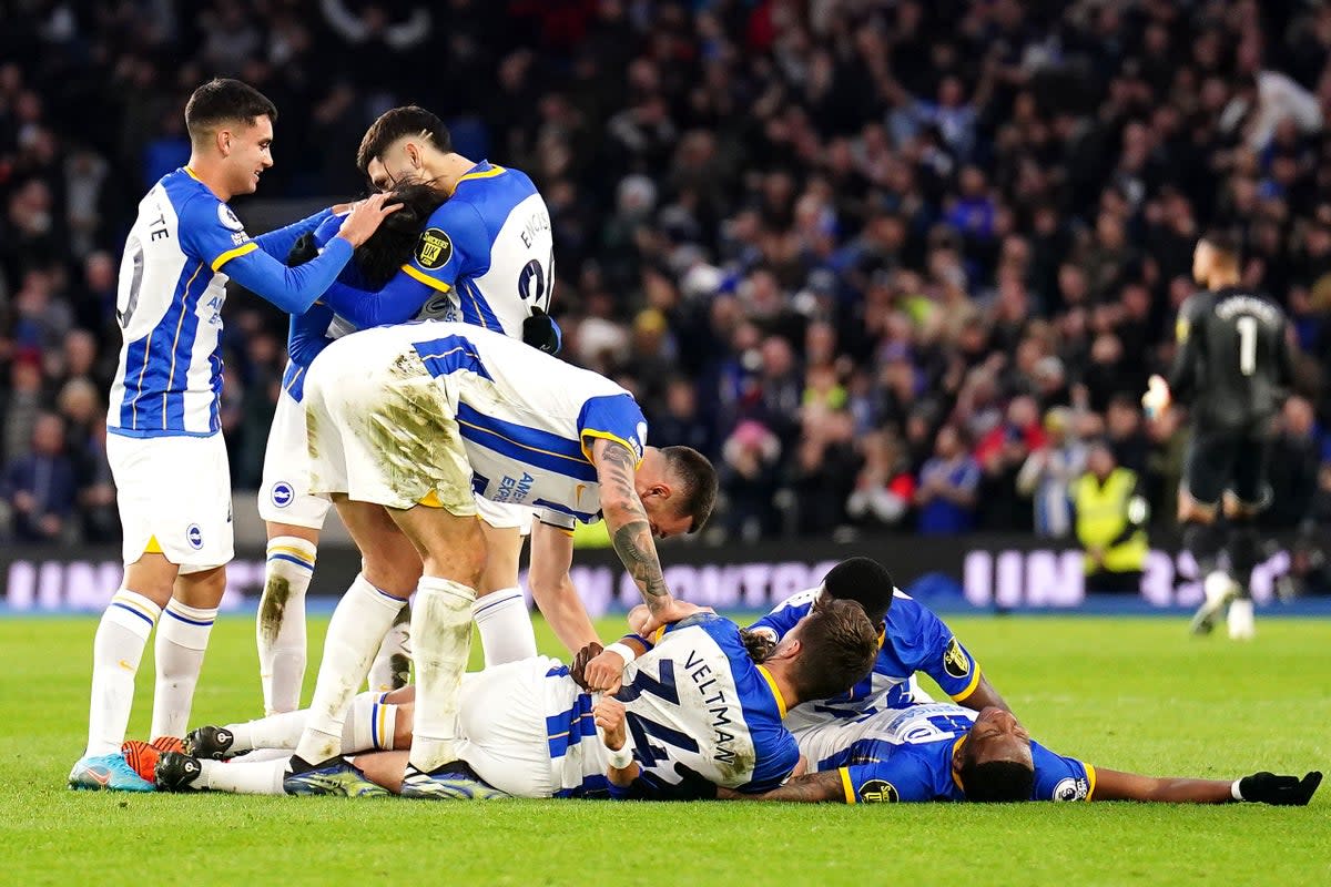 Kaoru Mitoma, second left, celebrates scoring Brighton’s winner against Bournemouth (Zac Goodwin/PA) (PA Wire)