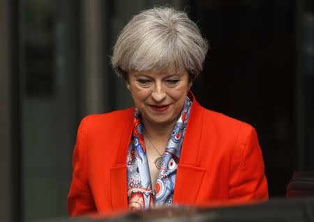 Britain's Prime Minister Theresa May leaves the BBC, in London, April 30, 2017. REUTERS/Peter Nicholls