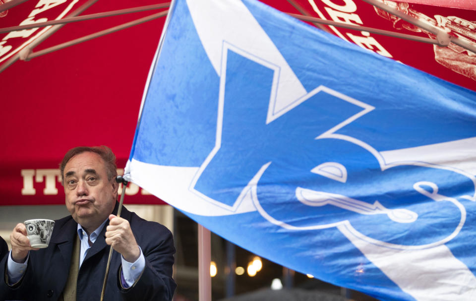 Alba Party leader Alex Salmond during his election campaign trail visit to the Scotsman Lounge in Edinburgh, Scotland, Monday May 3, 2021. Virus lockdown social liberty measures and Scottish independence are among the most divisive questions being debated ahead of upcoming Scottish Parliamentary Election on May 6. (Jane Barlow/PA via AP)