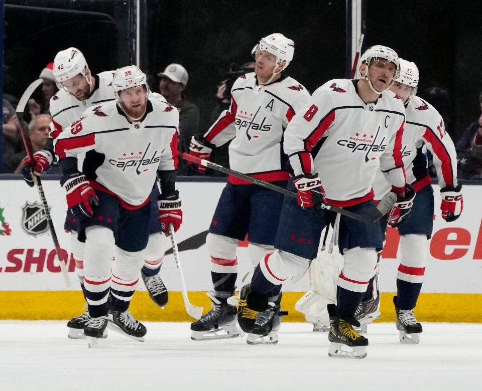Dec. 201, 2023; Columbus, Ohio, USA; 
Washington Capitals players celebrate a goal by Washington Capitals forward Anthony Mantha during the first period of Thursday's hockey game against the Columbus Blue Jackets at Nationwide Arena.