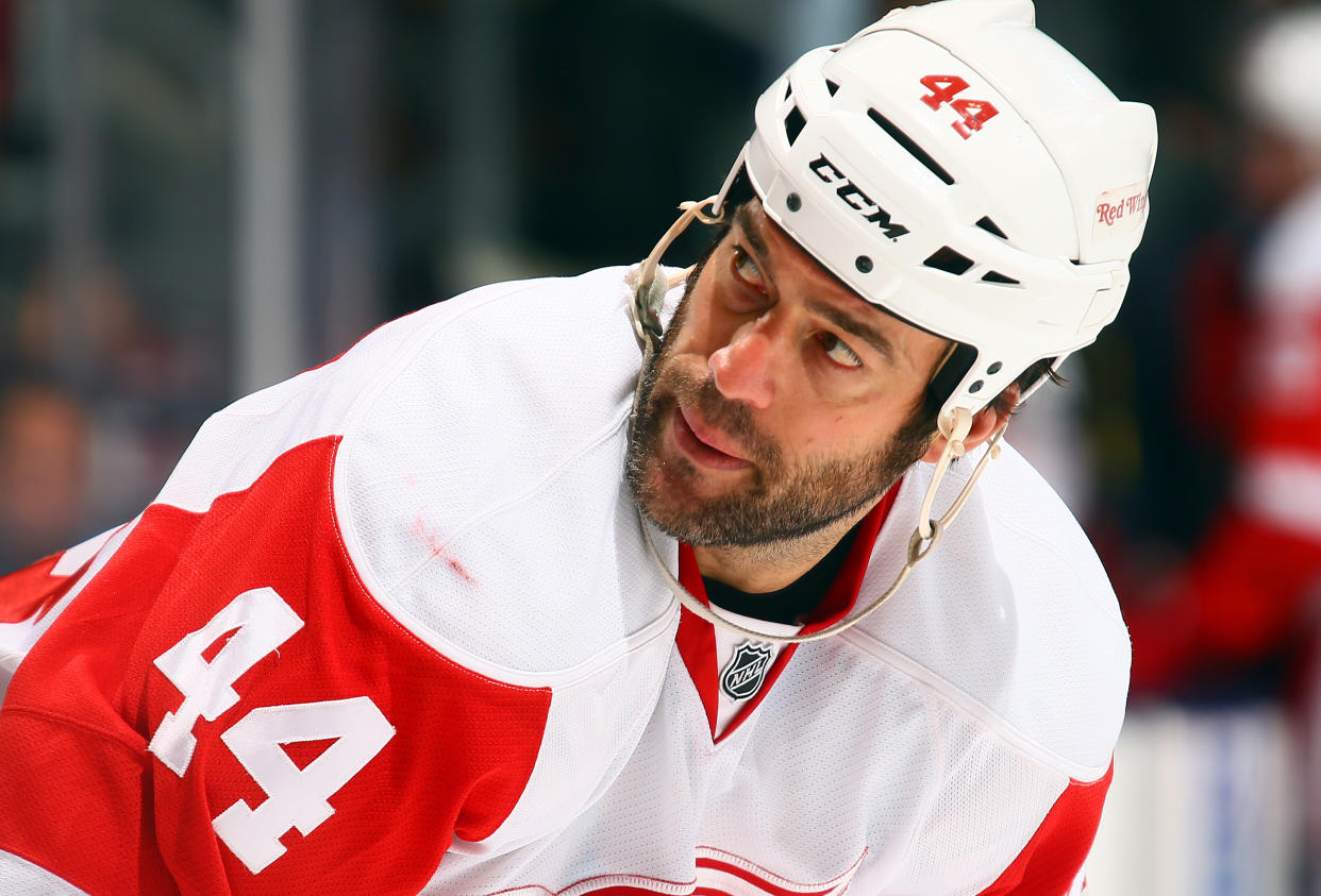 TORONTO, ON - DECEMBER 21: Todd Bertuzzi #44 of the Detroit Red Wings takes a face-off during NHL action against the Toronto Maple Leafs at the Air Canada Centre December 21, 2013 in Toronto, Ontario, Canada.  (Photo by Abelimages/Getty Images)