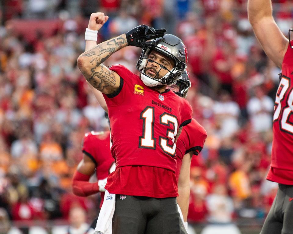 Tampa Bay Buccaneers wide receiver Mike Evans (13) celebrates the touchdown against the Jacksonville Jaguars in the second quarter at Raymond James Stadium.