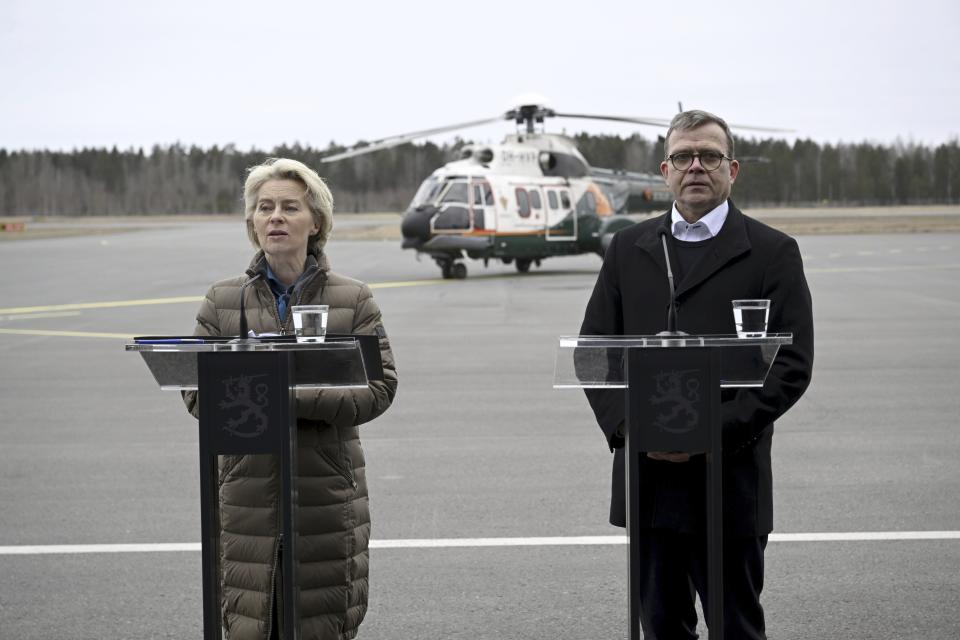 President of the European Commission Ursula von der Leyen, left, and Finnish Prime Minister Petter Orpo give a joint press conference at the Lappeenranta airport, eastern Finland, Friday April 19, 2024. President von der Leyen and Prime Minister Orpo visited the eastern border region of Finland on Friday and discussed what Finland and the EU can do to prevent instrumentalised migration to Finland's eastern border. (Antti Aimo-Koivisto/Lehtikuva via AP)