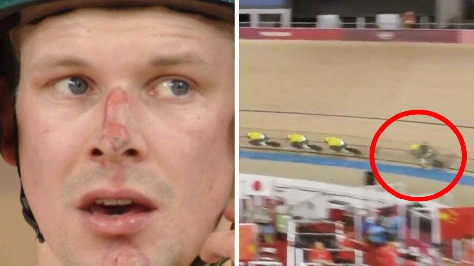 Australian cyclist Alex Porter was left worse for wear after the handlebars on his bike inexplicably snapped during qualifying for the men's team pursuit. Pictures: Channel 7