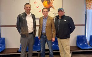 Crow Creek Sioux Tribe Chairman Peter Lengkeek, left, and Lower Brule Sioux Tribe Chairman Clyde Estes, right, with U.S. Rep. Dusty Johnson, R-South Dakota, in November 2023. (Courtesy of Rep. Johnson's office)