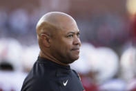 Stanford head coach David Shaw watches during the first half of the team's NCAA college football game against Washington State, Saturday, Oct. 16, 2021, in Pullman, Wash. (AP Photo/Young Kwak)