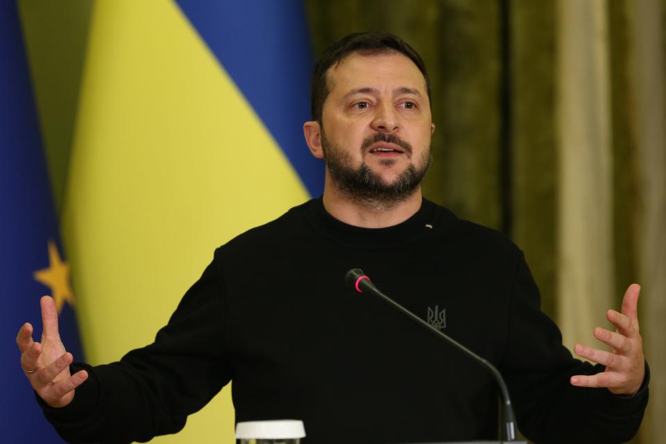 President Volodymyr Zelenskyy during joint press conference with President of the European Commission Ursula von der Leyen on November 4, 2023 in Kyiv, Ukraine.