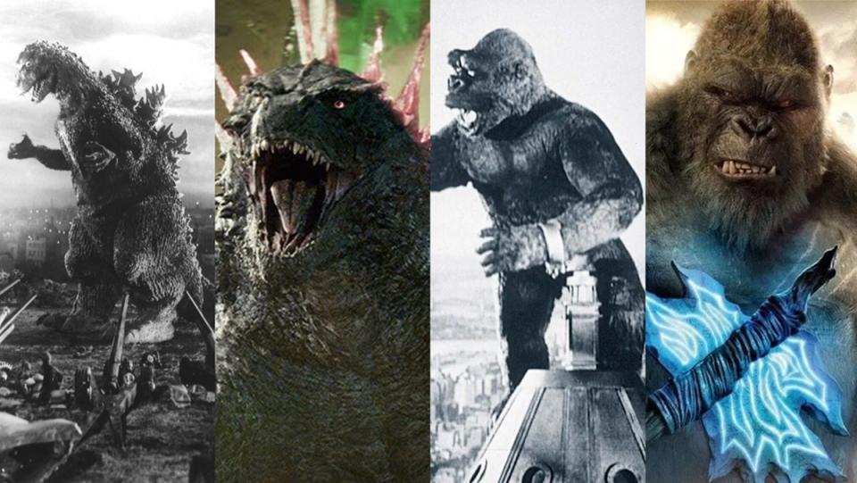 The original black and white versions of Godzilla and Kong, along with their modern counterparts. 