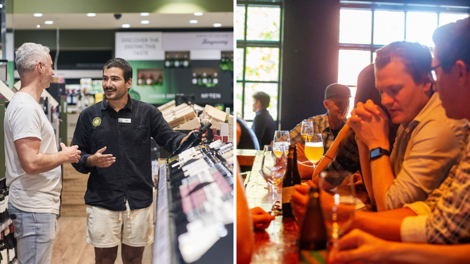 A composite image of a customer inside a Dan Murphys and people enjoying alcoholic drinks at a bar.