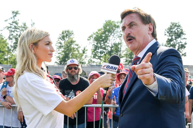 FILE PHOTO: MyPillow CEO Mike Lindell is interviewed by the One America News Network