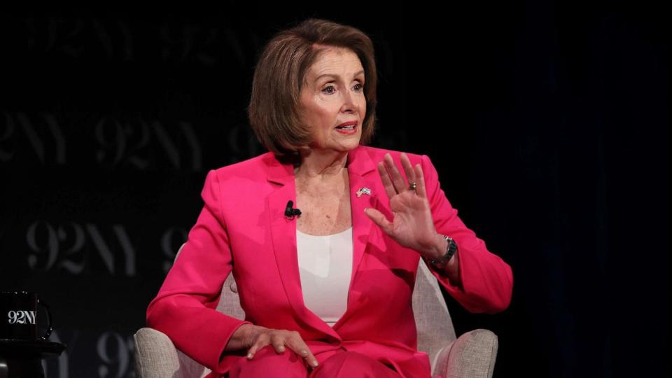 PHOTO: Former House Speaker Nancy Pelosi speaks onstage during Speaker Emerita Nancy Pelosi in Conversation with David Rubenstein at 92NY, Oct. 16, 2023, in New York. (Dia Dipasupil/Getty Images)