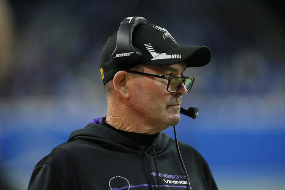 Minnesota Vikings head coach Mike Zimmer watches from the sideline during the second half of an NFL football game against the Detroit Lions, Sunday, Dec. 5, 2021, in Detroit. (AP Photo/Duane Burleson)