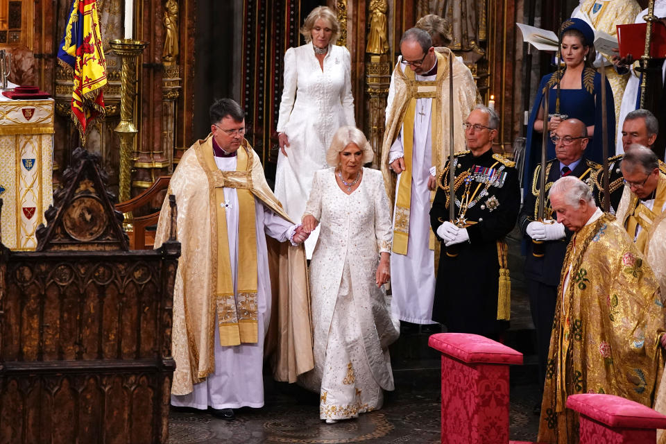 Queen Camilla during her coronation ceremony in Westminster Abbey 