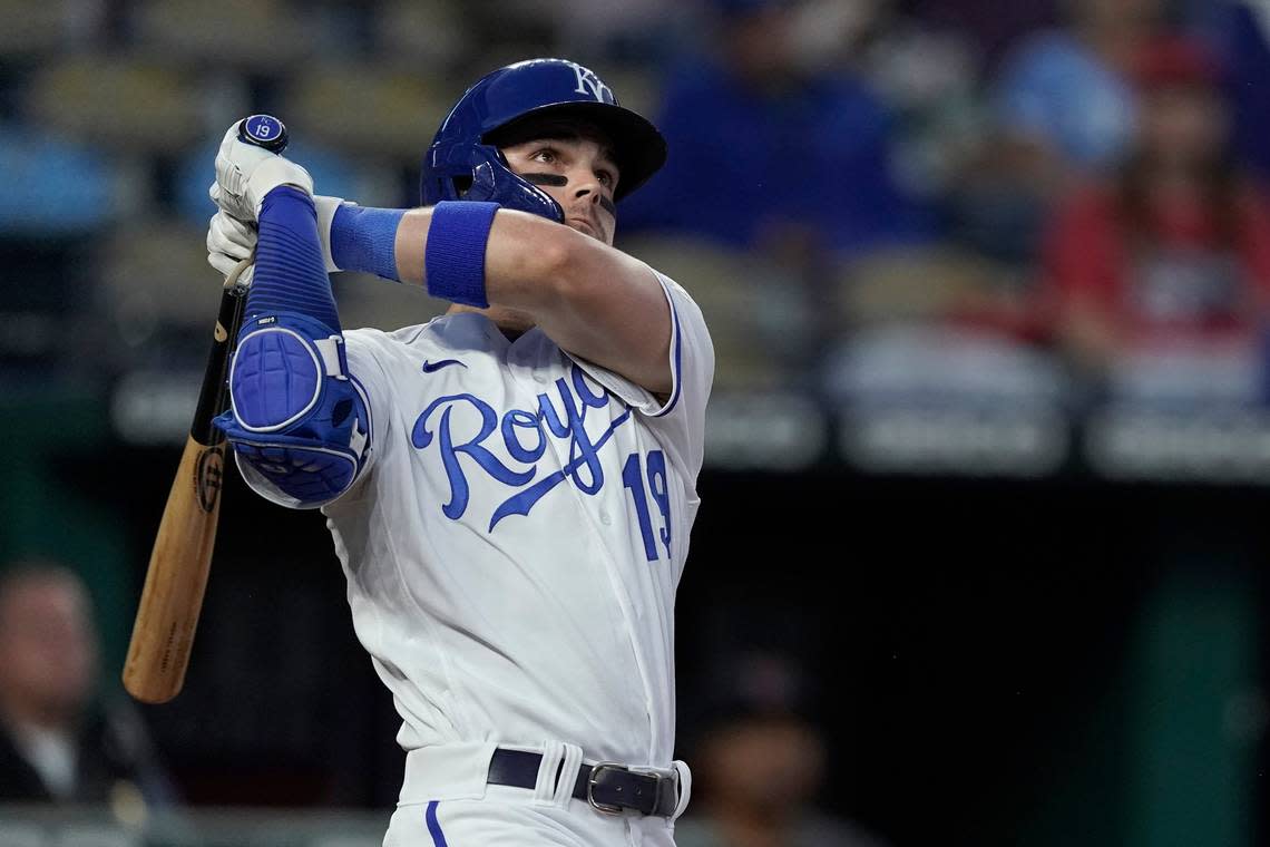 Kansas City Royals’ Michael Massey bats during a baseball game against the Cleveland Guardians Monday, Sept. 5, 2022, in Kansas City, Mo. The Guardians won 6-5 in 10 innings. (AP Photo/Charlie Riedel)