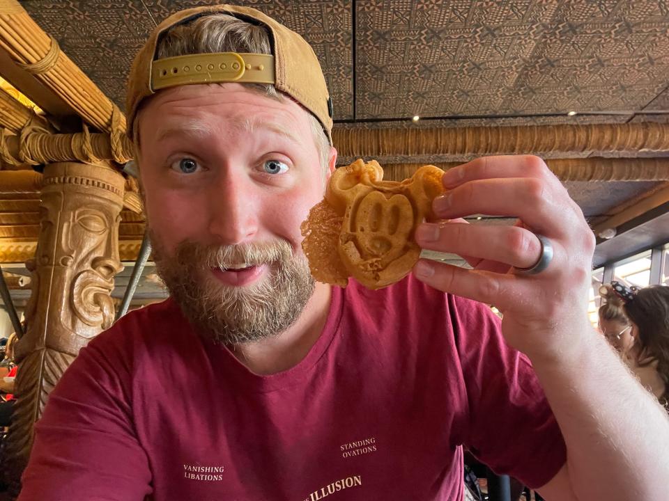 Author holds up a Mickey Waffle.